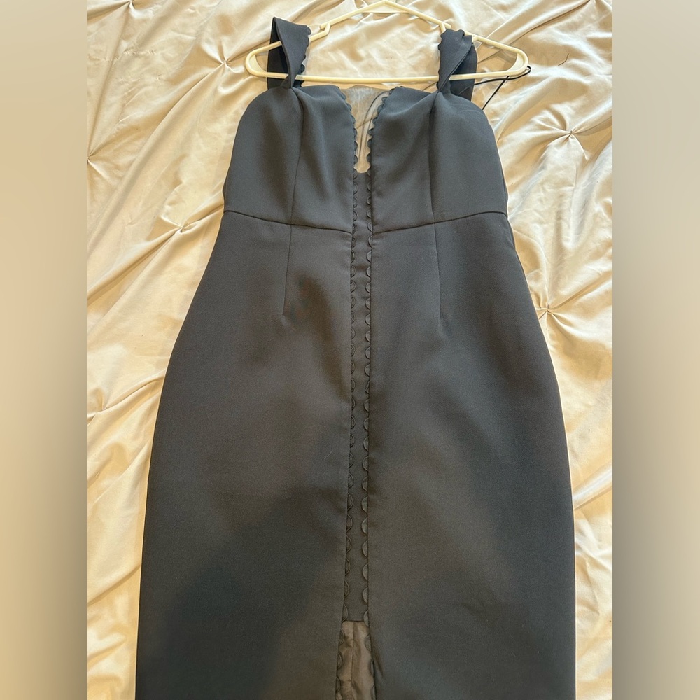 Lush Black Strapless Sheath Dress with Scalloped Button Trim